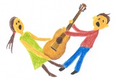 Zeichnung zweier Geschwister, die sich um eine Gitarre streiten
