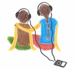 Zeichnung: Zwei Geschwister sitzen nebeneinander und hören gemeinsam mit einem Walkman Musik.